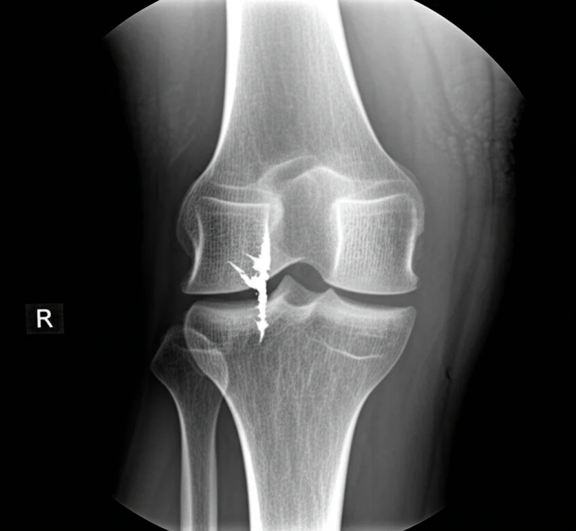 Radiografia dettagliata di una frattura complessa del piatto tibiale prima dell'intervento chirurgico, messa a fuoco precisa sulla linea di frattura, illuminazione controllata da studio medico, obiettivo macro 90mm.
