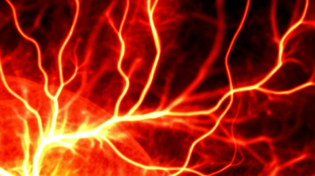 Immagine fotorealistica con obiettivo macro (90mm) che mostra un primo piano di filamenti di plasma turbolenti e incandescenti. Questi filamenti rappresentano i potenti campi magnetici generati dall'instabilità di Weibel all'interno della nube di plasma in espansione. L'immagine ha dettagli elevati, messa a fuoco precisa e un'illuminazione controllata che enfatizza l'energia caotica del fenomeno.