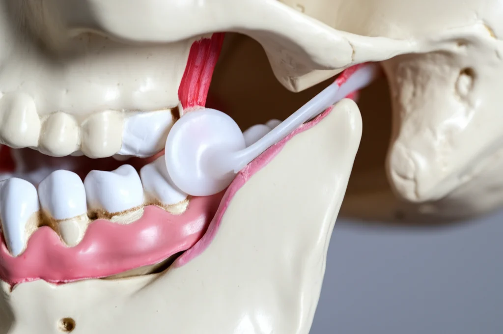 Immagine macro ad alta definizione di un modello anatomico dell'articolazione temporomandibolare (ATM), illuminazione controllata, focus preciso sul muscolo pterigoideo laterale evidenziato e sul disco articolare, obiettivo macro 100mm, sfondo neutro.