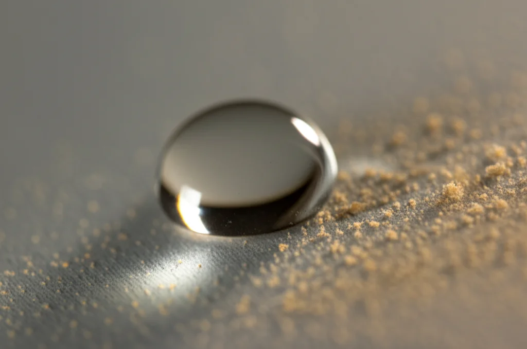 Fotografia macro di una goccia d'acqua perfettamente sferica che rotola su una superficie metallica rivestita di Cu-Sn superidrofobico, portando via particelle di polvere (simulazione di sabbia fine). La goccia riflette la luce ambientale. Obiettivo macro 90mm, messa a fuoco precisa sulla goccia e sulla texture micro-nano della superficie, illuminazione laterale morbida che evidenzia l'effetto autopulente.