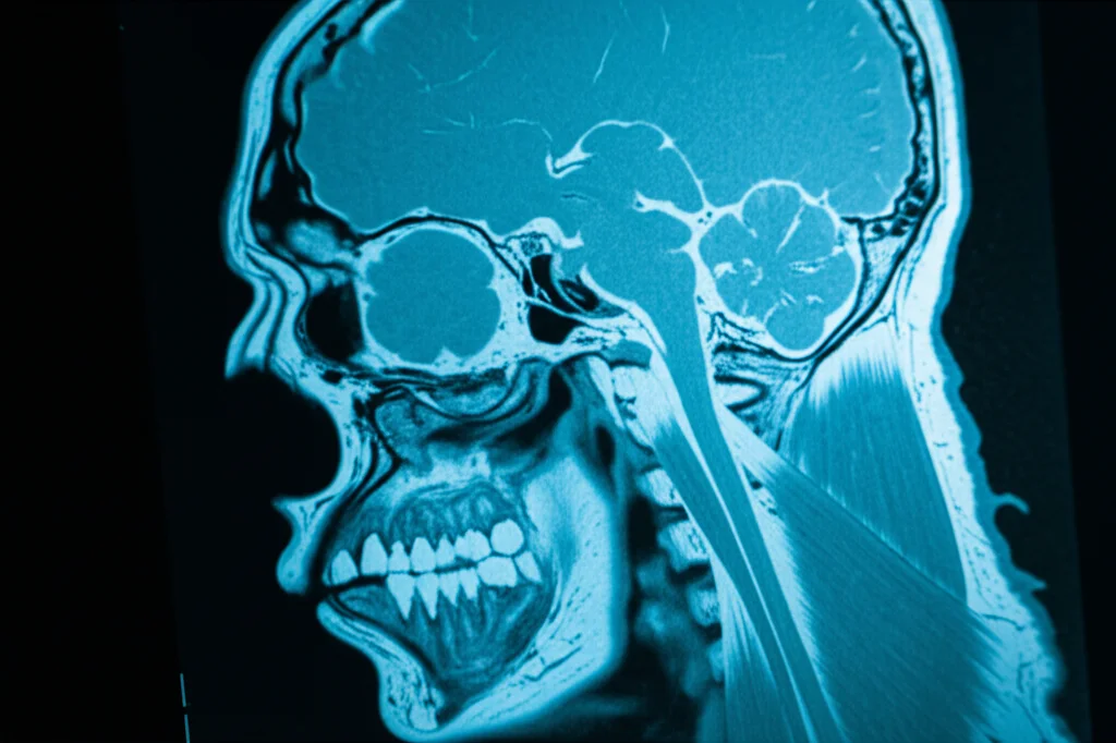 Visualizzazione astratta dei dati di texture analysis da una scansione MRI, sovrapposta a un'immagine sfuocata del muscolo pterigoideo laterale, duotono blu e ciano, profondità di campo ridotta, obiettivo 35mm, concetto di analisi dati medici.