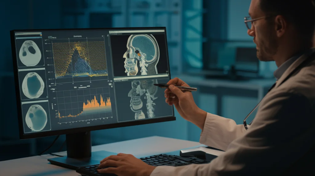 Fotografia di un ricercatore medico che analizza dati complessi di texture analysis su uno schermo di computer ad alta tecnologia, mostrando grafici 3D dell'ATM e pattern di texture, stile cinematografico con illuminazione soffusa, obiettivo 50mm, profondità di campo.