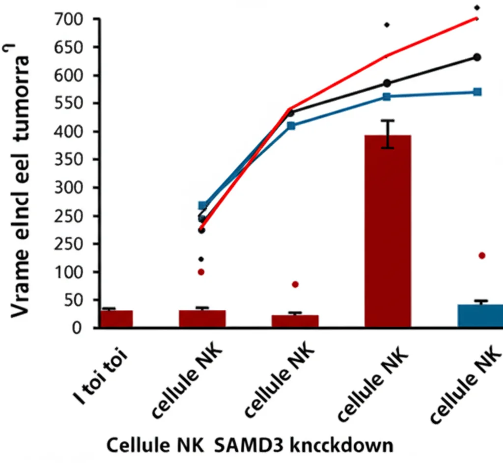 Grafico che mostra la crescita del volume tumorale nel tempo in un modello murino xenograft di cancro esofageo. La linea blu rappresenta i topi trattati con cellule NK di controllo, mentre la linea rossa rappresenta i topi trattati con cellule NK con SAMD3 knockdown, mostrando una crescita tumorale più lenta in quest'ultimo gruppo. Stile grafico scientifico, chiaro e leggibile.