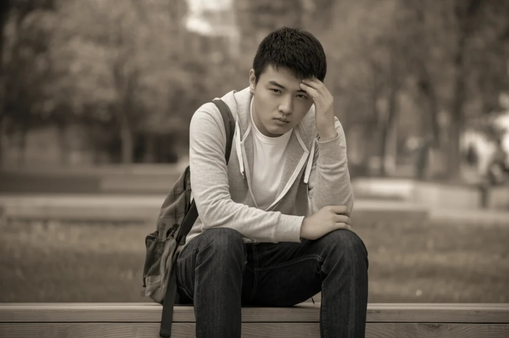 Fotografia di ritratto (prime lens, 35mm) di uno studente universitario cinese seduto da solo su una panchina del campus, con espressione pensierosa e leggermente stressata. Luce naturale pomeridiana, profondità di campo ridotta per sfocare lo sfondo. Stile duotone con colori seppia e grigio.
