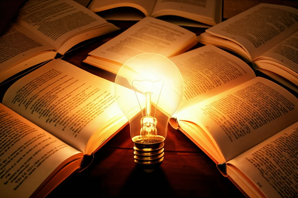 Fotografia di still life (obiettivo macro 60mm) raffigurante una lampadina che si illumina circondata da libri aperti sulla salute mentale. Luce calda e focalizzata sulla lampadina, alto dettaglio sui testi dei libri, simboleggiando la conoscenza e la consapevolezza.