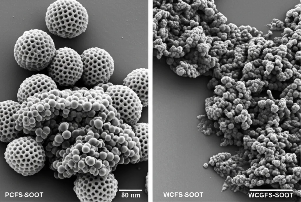 Immagine fotorealistica al microscopio elettronico (TEM) che mostra due tipi di fuliggine affiancati. A sinistra, nanoparticelle sferiche cave di carbonio (PCGFS-SOOT) raggruppate in una struttura flocculante. A destra, particelle di fuliggine dalla forma irregolare e flocculante (WCGFS-SOOT). Lente macro, 80mm, alto dettaglio, illuminazione controllata da laboratorio, sfondo neutro.