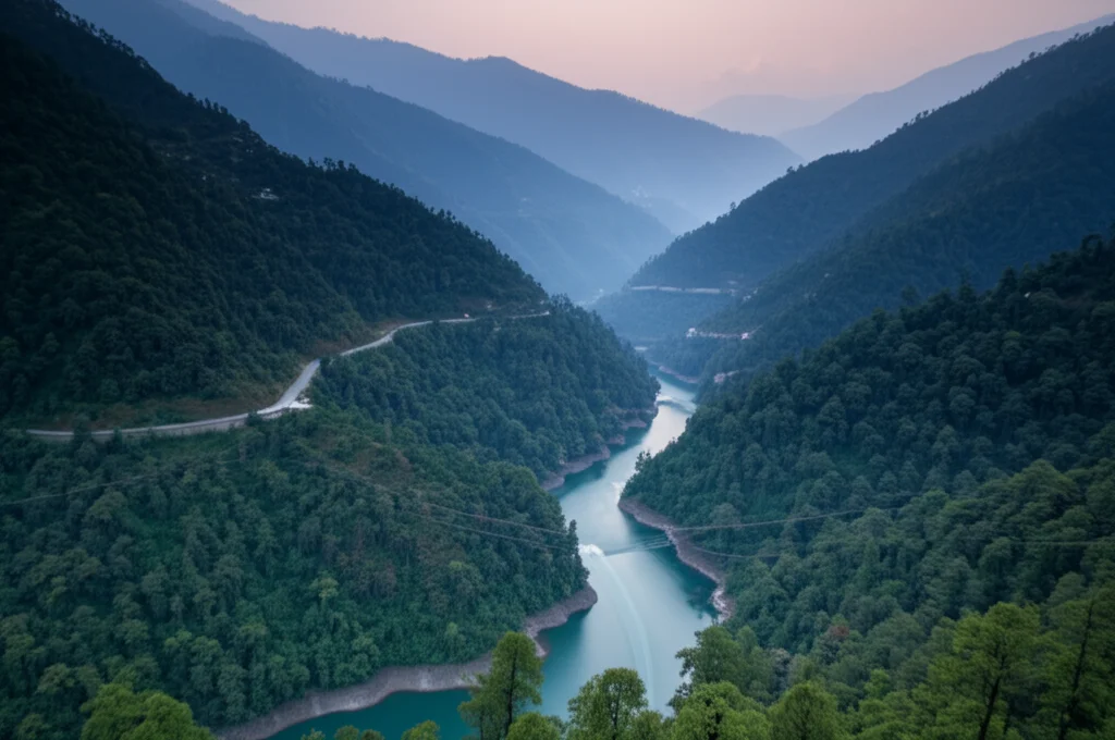 Fotografia paesaggistica grandangolare di una valle himalayana nel bacino della diga di Tehri, India. Si vedono pendii coperti da diverse tipologie di foresta (conifere e latifoglie), con un fiume o lago visibile in basso. Scattata con obiettivo 15mm, lunga esposizione per acqua liscia, messa a fuoco nitida sull'intero paesaggio.