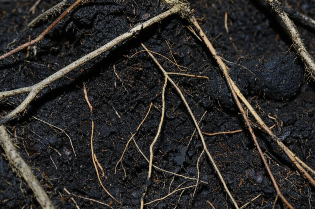 Fotografia macro del suolo superficiale di una foresta mista himalayana, scattata con obiettivo 100mm. Si vede uno strato spesso di lettiera scura in decomposizione, radici fini e la struttura granulare del suolo ricco di humus. Illuminazione controllata per massimo dettaglio.