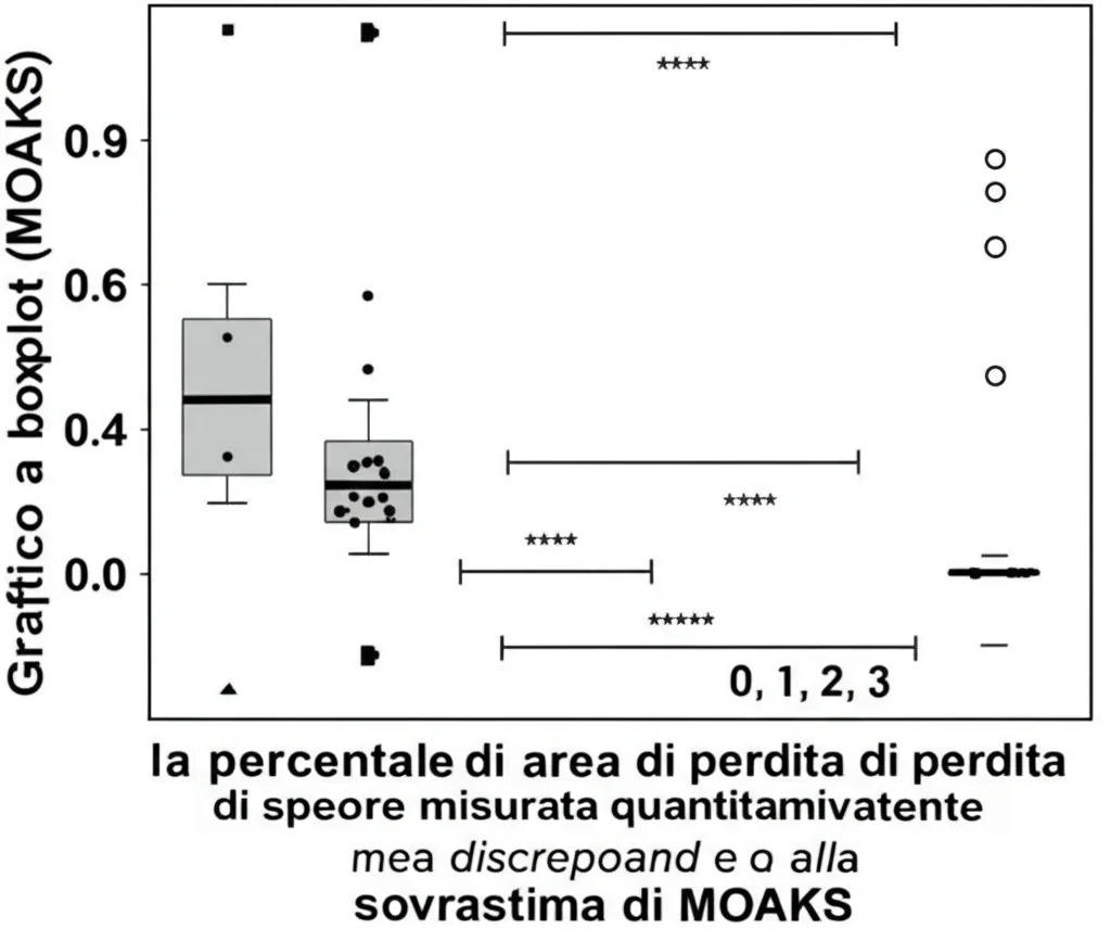 Grafico a boxplot che confronta i punteggi MOAKS (0, 1, 2, 3) con la percentuale di area di perdita di spessore misurata quantitativamente (Q-MOAKS%), mostrando la discrepanza e la tendenza alla sovrastima di MOAKS. Sharp focus, data visualization style.