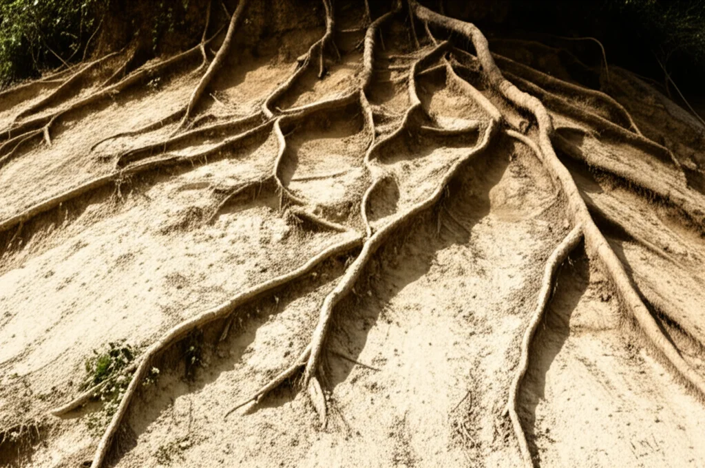 Fotografia che mostra un pendio eroso in un'area di foresta degradata sull'Himalaya. Radici esposte, terreno chiaro e povero, piccoli calanchi visibili. Scattata con obiettivo zoom 50mm, luce diurna che evidenzia la secchezza del suolo.