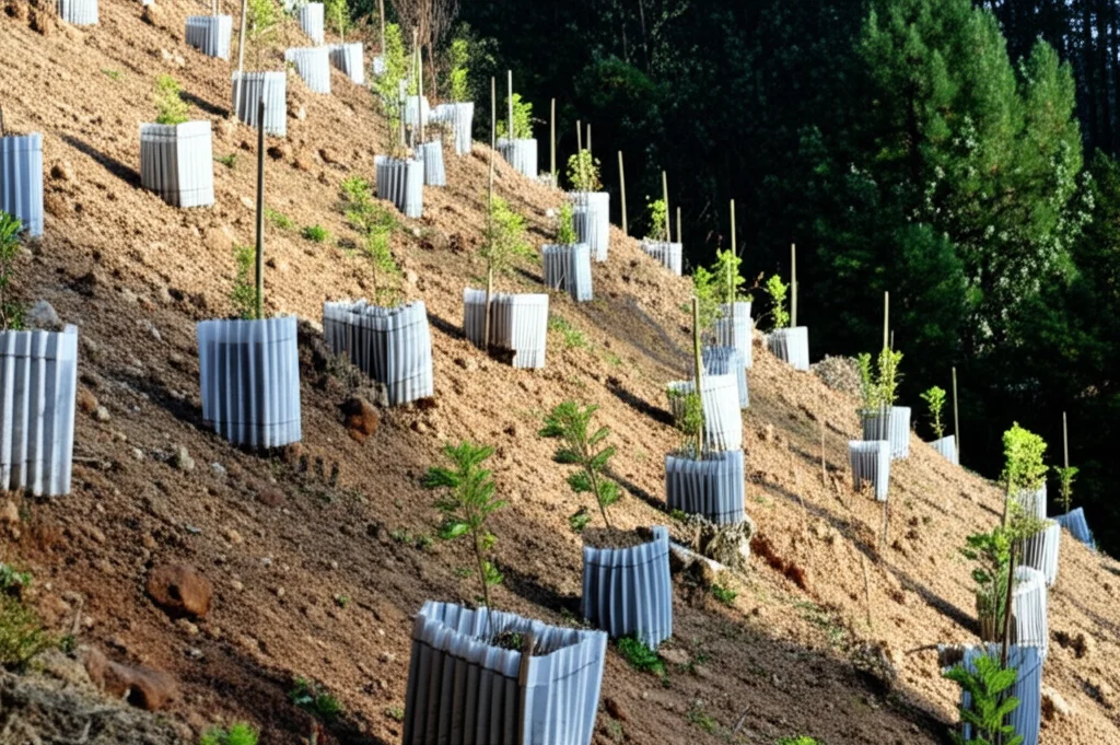Fotografia di giovani alberi piantati su un pendio himalayano come parte di un progetto di riforestazione. Si vede il terreno nudo tra le piantine, protetto da piccole strutture anti-erosione. Scattata con obiettivo 35mm, luce del mattino.