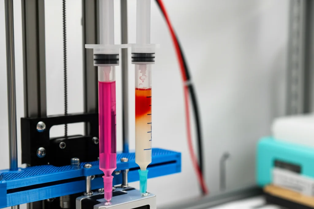 Vista interna del sistema MiniFix assemblato, con due siringhe Luer Lock da 5ml montate verticalmente su guide lineari in un ambiente di laboratorio pulito. Una siringa contiene un liquido colorato (fissativo), l'altra un campione biologico simulato in sospensione. Focus nitido sulle siringhe e sul meccanismo di attuazione con motore passo-passo NEMA11 visibile sulla base. Illuminazione da laboratorio, obiettivo 60mm macro, dettagli precisi delle componenti stampate in 3D.