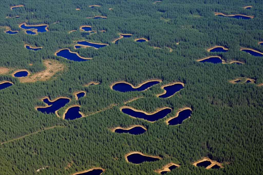 Vista aerea stile satellite Landsat di una foresta boreale finlandese con chiazze di taglio raso recente (2010) e aree di ricrescita di giovani piantine, obiettivo grandangolare 15mm, messa a fuoco nitida, colori naturali, cielo sereno.