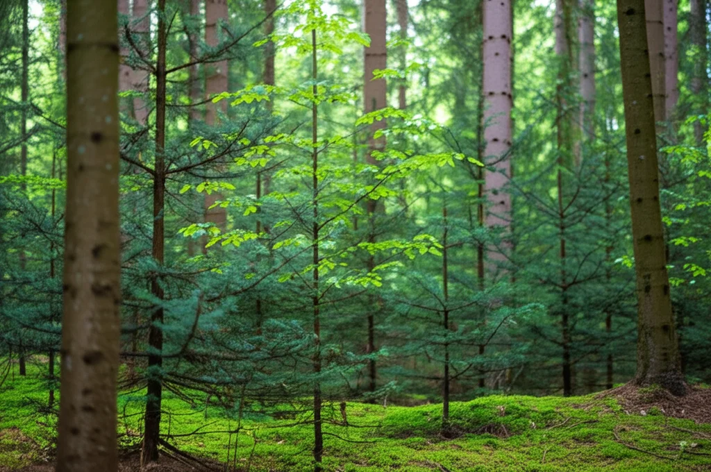 Primo piano all'interno di un giovane popolamento forestale misto, evidenziando la competizione tra rapide latifoglie più alte e piccole conifere sottostanti, obiettivo 60mm, messa a fuoco selettiva sulla differenza di altezza, luce naturale diffusa.