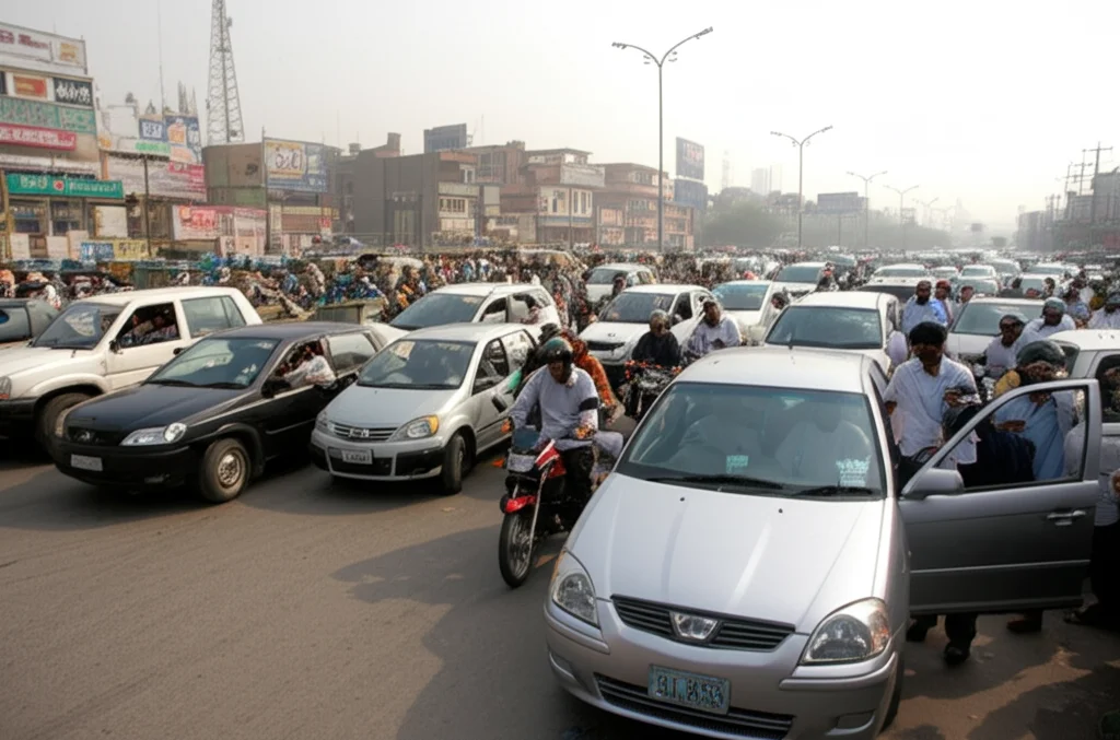 Fotografia di una strada urbana congestionata in una grande città pakistana come Karachi o Lahore, con un mix di auto, risciò e moto bloccati nel traffico sotto un cielo leggermente velato dallo smog. Obiettivo zoom standard 50mm, profondità di campo media per mostrare la densità del traffico, luce diurna.