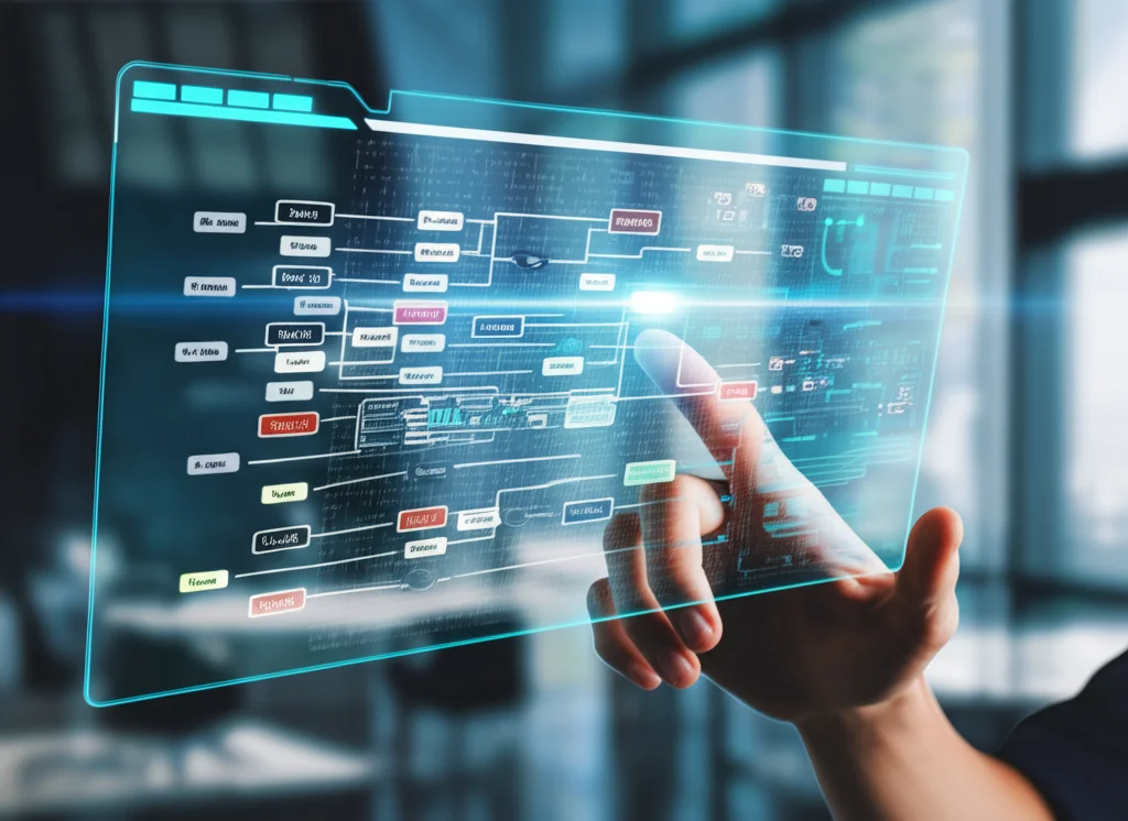 Immagine fotorealistica di un diagramma complesso SysML 2.0 visualizzato su uno schermo olografico futuristico. Una mano di un ingegnere interagisce con il modello 3D fluttuante della supply chain. Utilizzare un obiettivo macro, 85mm, per mettere a fuoco i dettagli intricati del diagramma e la texture della mano, con una profondità di campo ridotta che sfoca leggermente lo sfondo di un ufficio high-tech. Illuminazione controllata per evidenziare l'ologramma.