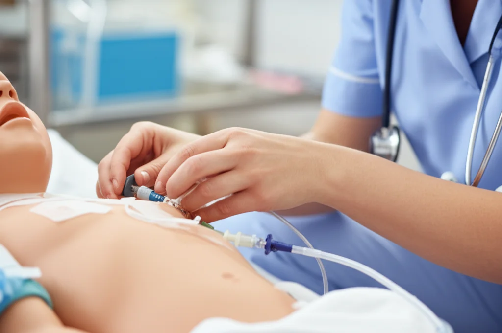 Fotografia clinica, primo piano di un'infermiera che accede con delicatezza a un catetere venoso centrale (CVAD) impiantato nel torace di un bambino modello in un ambiente ospedaliero luminoso e rassicurante. Obiettivo macro 85mm, messa a fuoco precisa sul sito di accesso, illuminazione controllata e morbida, alta definizione.