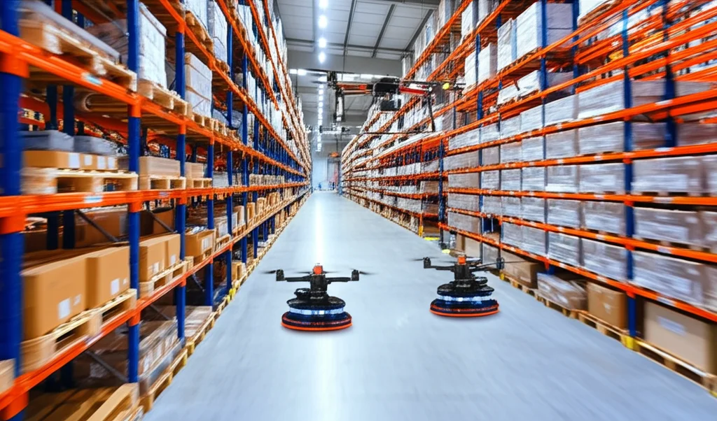 Fotografia di un magazzino moderno e automatizzato. Un drone sta sorvolando le corsie scansionando codici a barre sui pacchi, mentre robot AGV (Automated Guided Vehicles) si muovono silenziosamente sul pavimento. Sensori IoT con piccole luci LED lampeggianti sono visibili sugli scaffali e sui robot. Utilizzare un obiettivo teleobiettivo zoom, 100-400mm, con una velocità dell'otturatore elevata per catturare il movimento del drone e dei robot in modo nitido. Illuminazione industriale brillante ma uniforme.