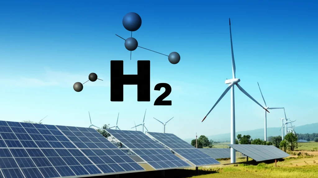 Immagine concettuale di una molecola di idrogeno (H2) sovrapposta a un pannello solare e una turbina eolica in un paesaggio pakistano. Obiettivo macro 100mm, alta definizione, illuminazione controllata per evidenziare la connessione tra rinnovabili e idrogeno.
