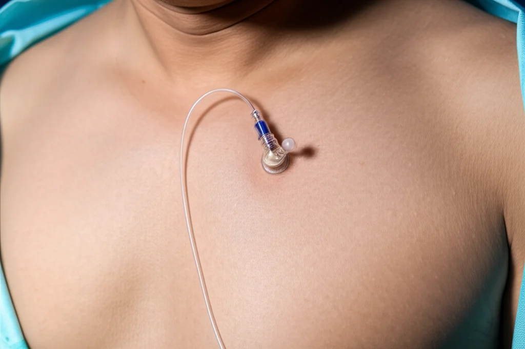 Illustrazione medica fotorealistica o fotografia macro (100mm) del sistema di infusione modificato: un catetere ventricolare collegato tramite tubicino sottocutaneo a un dispositivo di accesso venoso centrale (CVAD) impiantato nel torace, visibile sotto la pelle. Alta definizione, illuminazione chirurgica, focus sui dettagli del dispositivo e sulla connessione.