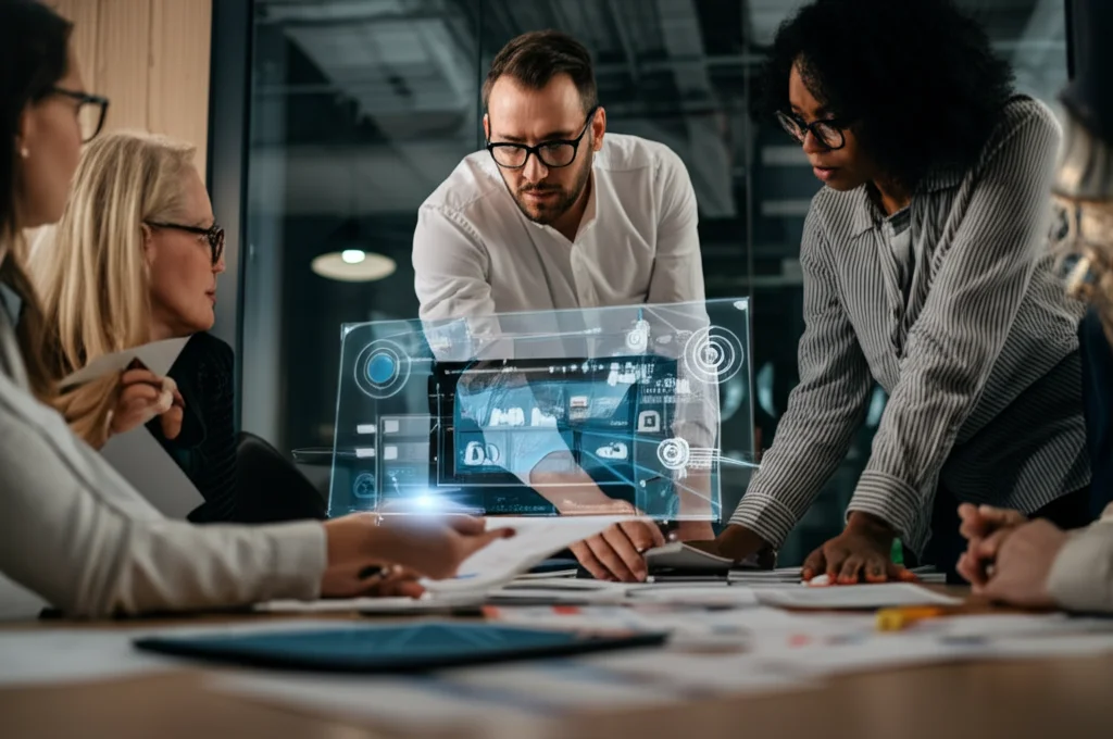 Stile ritratto fotografico, utilizzando un obiettivo prime da 50mm. Un team eterogeneo di manager della supply chain è riunito attorno a un tavolo in una sala riunioni moderna. Stanno esaminando con attenzione un tablet che mostra grafici di ottimizzazione dei costi e nuove rotte logistiche suggerite dal sistema MBSE/IoT. Profondità di campo media che mantiene a fuoco i volti concentrati del team e il tablet, sfocando leggermente lo sfondo della sala. Illuminazione da ufficio calda e naturale.
