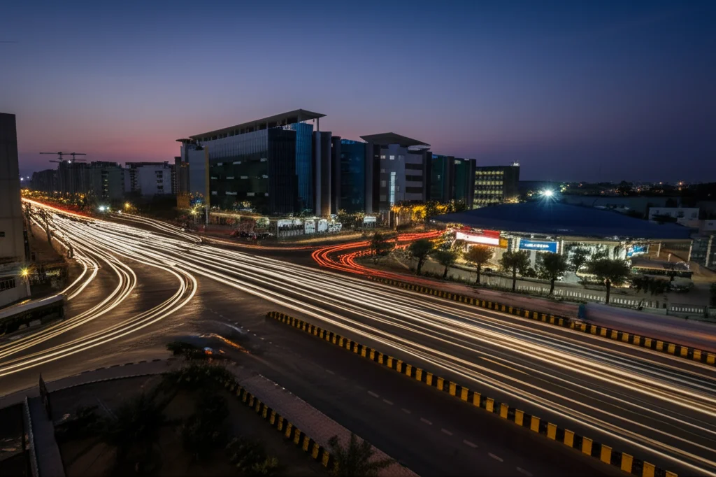 Fotografia panoramica di una moderna città pakistana al crepuscolo, che mostra un mix di traffico tradizionale e veicoli a basse emissioni come autobus elettrici e potenziali stazioni di rifornimento di idrogeno illuminate, obiettivo grandangolare 20mm, lunga esposizione per scie luminose fluide, messa a fuoco nitida sull'architettura urbana.