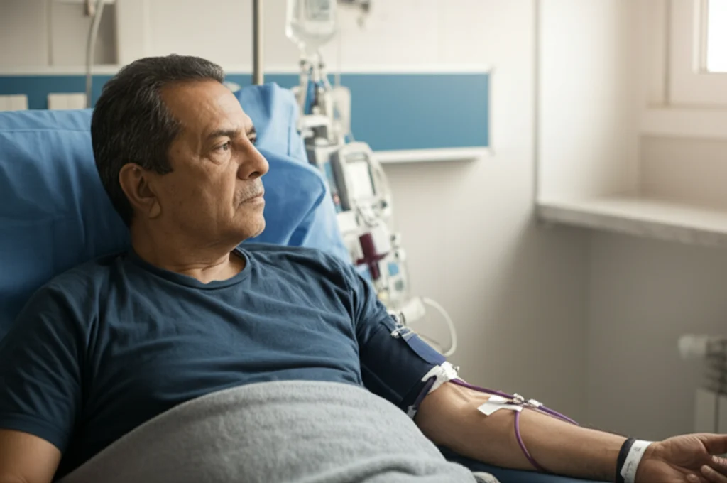Fotografia ritratto di un paziente maschio di mezza età (circa 60 anni) durante una sessione di emodialisi, guarda con espressione pensierosa ma serena fuori da una finestra luminosa. Luce naturale morbida, obiettivo prime 35mm, profondità di campo ridotta per sfocare lo sfondo della clinica. Toni caldi e leggermente desaturati.