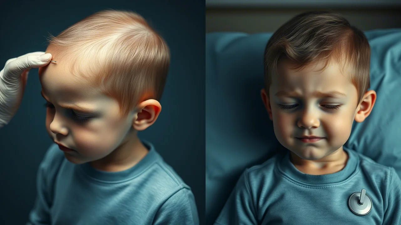 Immagine concettuale fotorealistica che mostra il confronto tra un difficile accesso al cuoio capelluto (scalp) e un più semplice accesso a un port toracico (CVAD) per la terapia della CLN2. A sinistra, un bambino modello mostra disagio con un ago nel cuoio capelluto; a destra, lo stesso bambino modello appare più sereno con un accesso al port toracico. Obiettivo 35mm, profondità di campo, toni blu e grigi per enfatizzare il contrasto emotivo e tecnico.