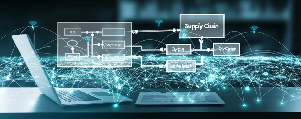 Immagine fotorealistica che rappresenta l'integrazione tra supply chain, IoT e MBSE. Una visualizzazione digitale 3D di una rete logistica globale complessa (fabbriche, magazzini, rotte di trasporto illuminate) fluttua sopra una scrivania moderna. Piccole icone luminose rappresentanti sensori IoT sono visibili sui nodi della rete, con linee di dati che convergono verso un diagramma di modello SysML stilizzato. Utilizzare un obiettivo grandangolare, 18mm, per catturare l'intera scena, con messa a fuoco nitida su tutta la rete e illuminazione controllata dai toni blu e bianchi per un look tecnologico.