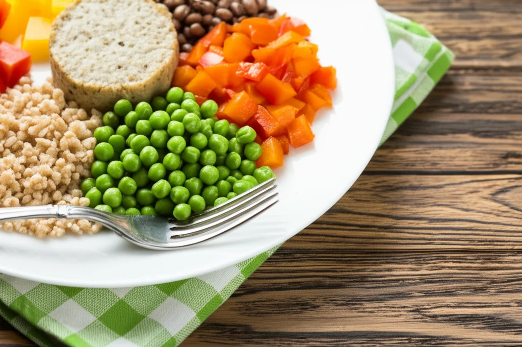 Fotografia macro di un piatto bilanciato per diabetici, con verdure colorate, legumi e una porzione di cereali integrali su un tavolo di legno rustico. Obiettivo macro 100mm, alta definizione, luce naturale controllata.