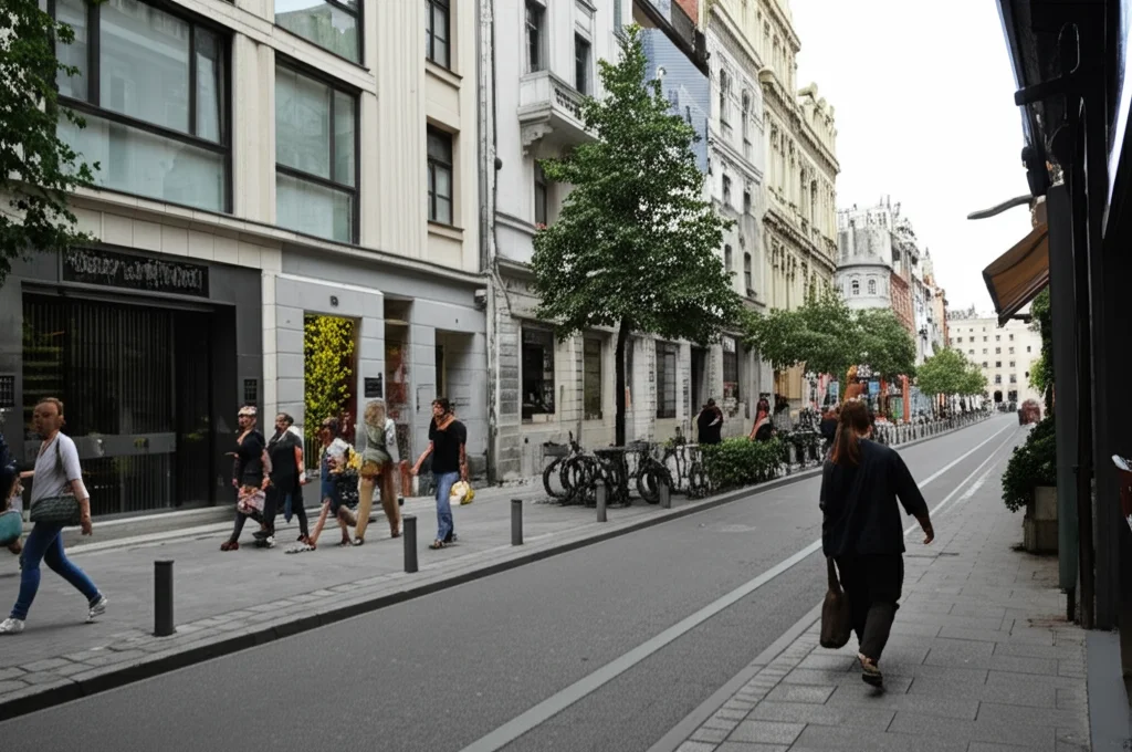 Fotografia realistica di una strada urbana vivace, catturata con un obiettivo prime da 35mm, che mostra un mix di architettura moderna e storica, con persone che camminano e aree verdi curate, evocando una sensazione di comfort e bellezza. Profondità di campo per focalizzare l'attenzione sui dettagli percettivi.