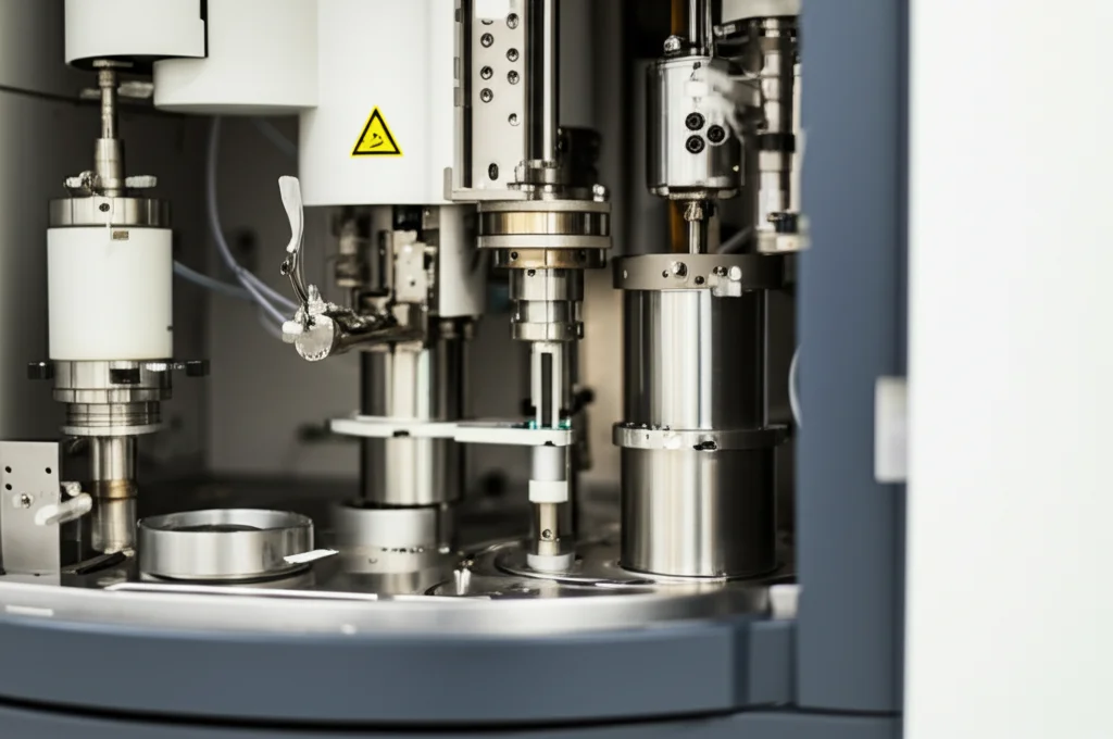 Fotografia di un tecnico di laboratorio che carica un campione in una macchina SEC-MALLS-dRI high-tech, luce da laboratorio focalizzata sulla strumentazione, profondità di campo ridotta, obiettivo 50mm.