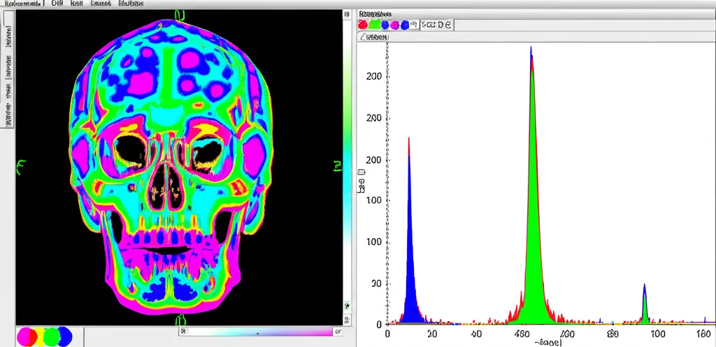 Schermata del software ImageJ che mostra un'immagine CBCT della base cranica con applicata la pseudocolorazione 'Spectrum', evidenziando diverse densità con colori vivaci. Accanto, un grafico dell'istogramma corrispondente con valori numerici, alta definizione, illuminazione da schermo.