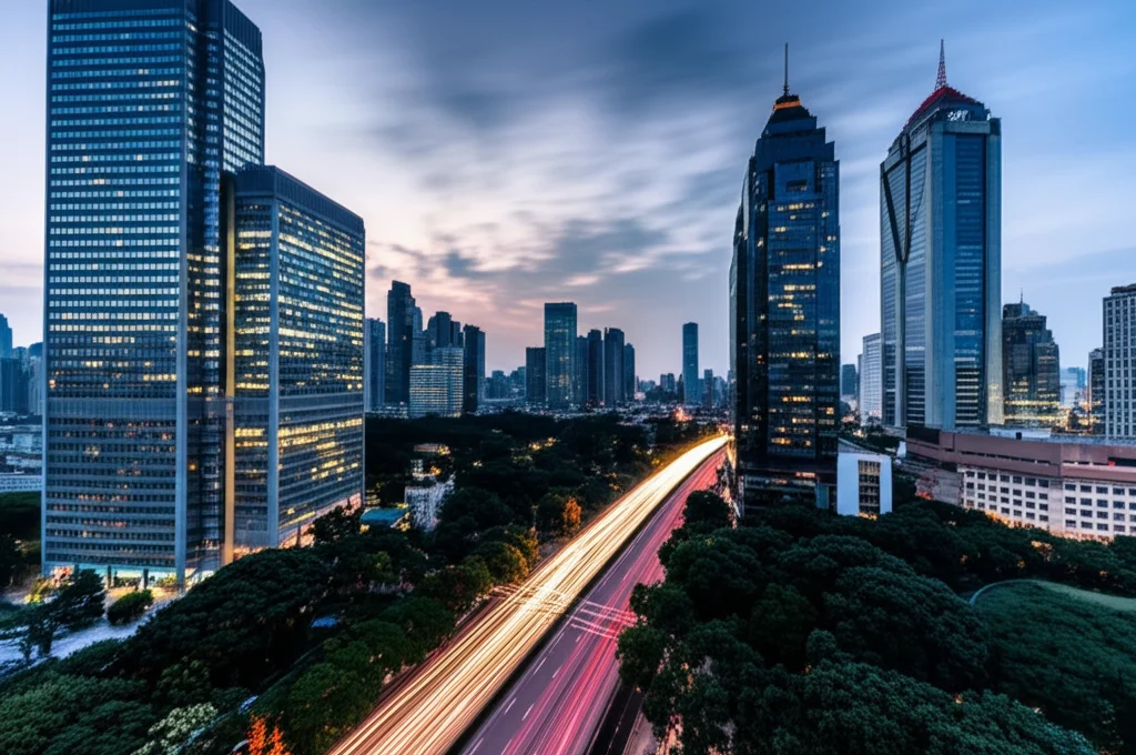 Fotografia grandangolare (15mm) di un paesaggio urbano complesso al tramonto, con molti elementi sovrapposti: grattacieli illuminati, strade trafficate con scie luminose, parchi scuri. Lunga esposizione per nuvole fluide e scie luminose, messa a fuoco nitida per evidenziare la complessità della scena che l'AI deve analizzare per la pianificazione urbana.