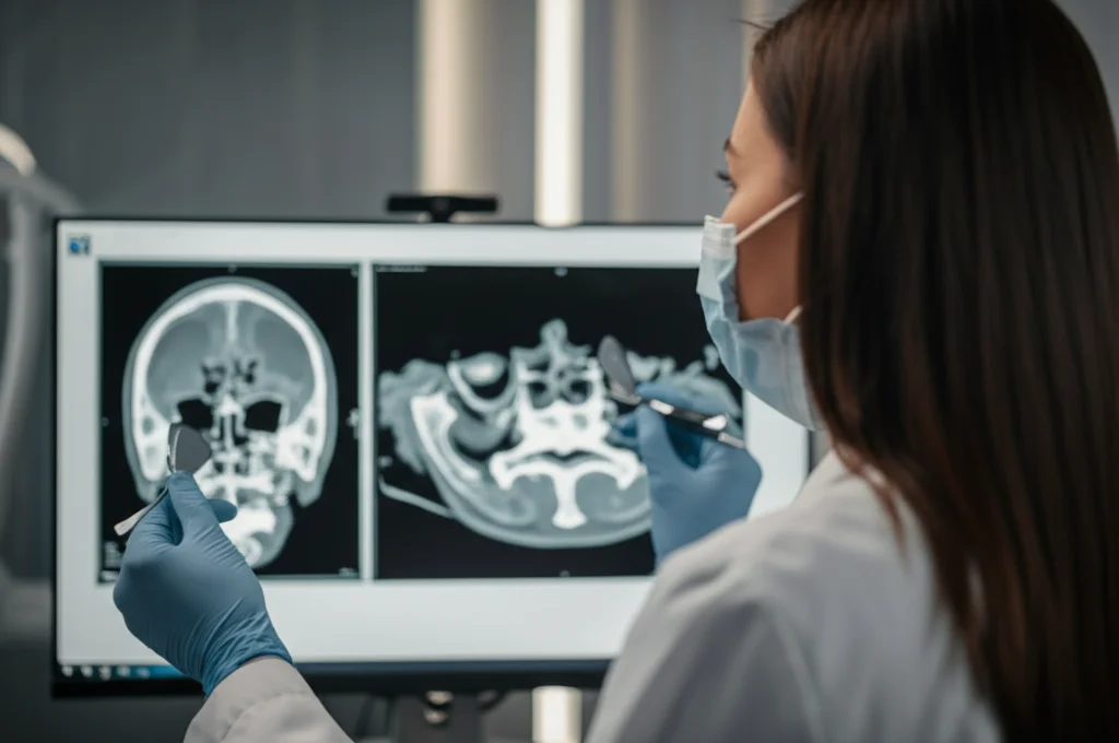 Ritratto di un'ortodontista donna sorridente e concentrata che analizza un'immagine CBCT della sincondrosi sfeno-occipitale su un monitor ad alta risoluzione in uno studio medico moderno, profondità di campo ridotta per focalizzare sul viso e sullo schermo, obiettivo prime 35mm, toni caldi e luminosi.