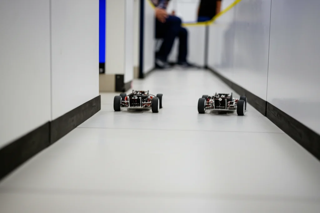 Fotografia d'azione realistica di due piccoli robot simili ad auto F1/10 che si avvicinano a un incrocio di corridoi in un ambiente interno ben illuminato. Teleobiettivo zoom 150mm, alta velocità dell'otturatore per congelare il movimento dei robot, tracciamento del movimento attivo, luce ambientale morbida, profondità di campo che sfoca leggermente lo sfondo.