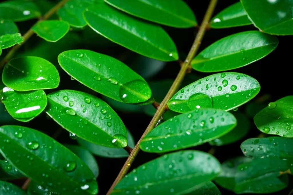 Primo piano di foglie verdi brillanti della pianta Sophora tonkinensis in un ambiente di laboratorio luminoso, obiettivo macro 60mm, alta definizione, gocce d'acqua fresche sulle foglie, illuminazione da studio controllata che ne esalta la texture.