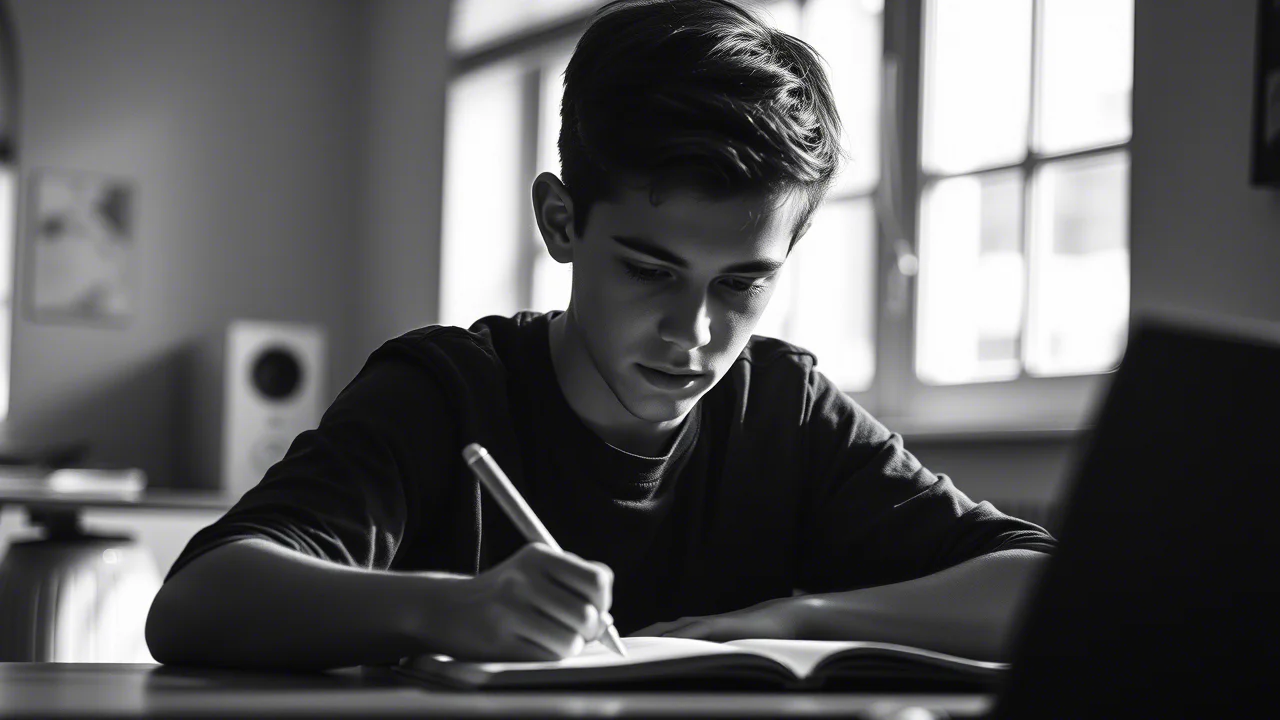 Ritratto fotografico di un adolescente maschio concentrato mentre studia alla scrivania, luce laterale drammatica, obiettivo 35mm, bianco e nero, profondità di campo ridotta per isolare il soggetto.