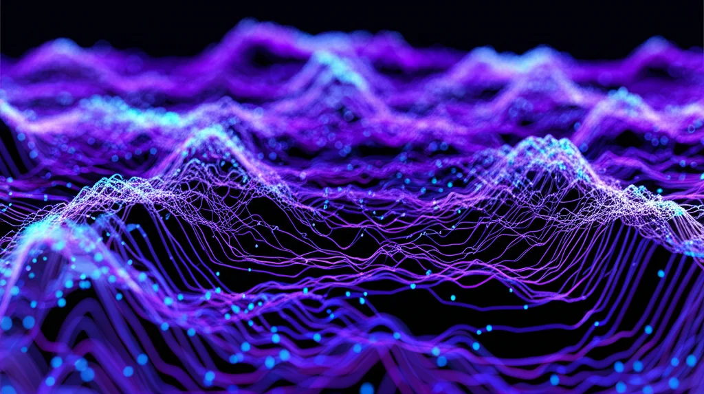 Visualizzazione 3D astratta di un paesaggio complesso con picchi e valli luminose, dove alcuni percorsi (agenti SSA) esplorano ampiamente l'area mentre altri (agenti QI) convergono intensamente su un punto minimo specifico. Wide-angle lens, 15mm, sharp focus, long exposure trails, illuminazione digitale blu e viola.