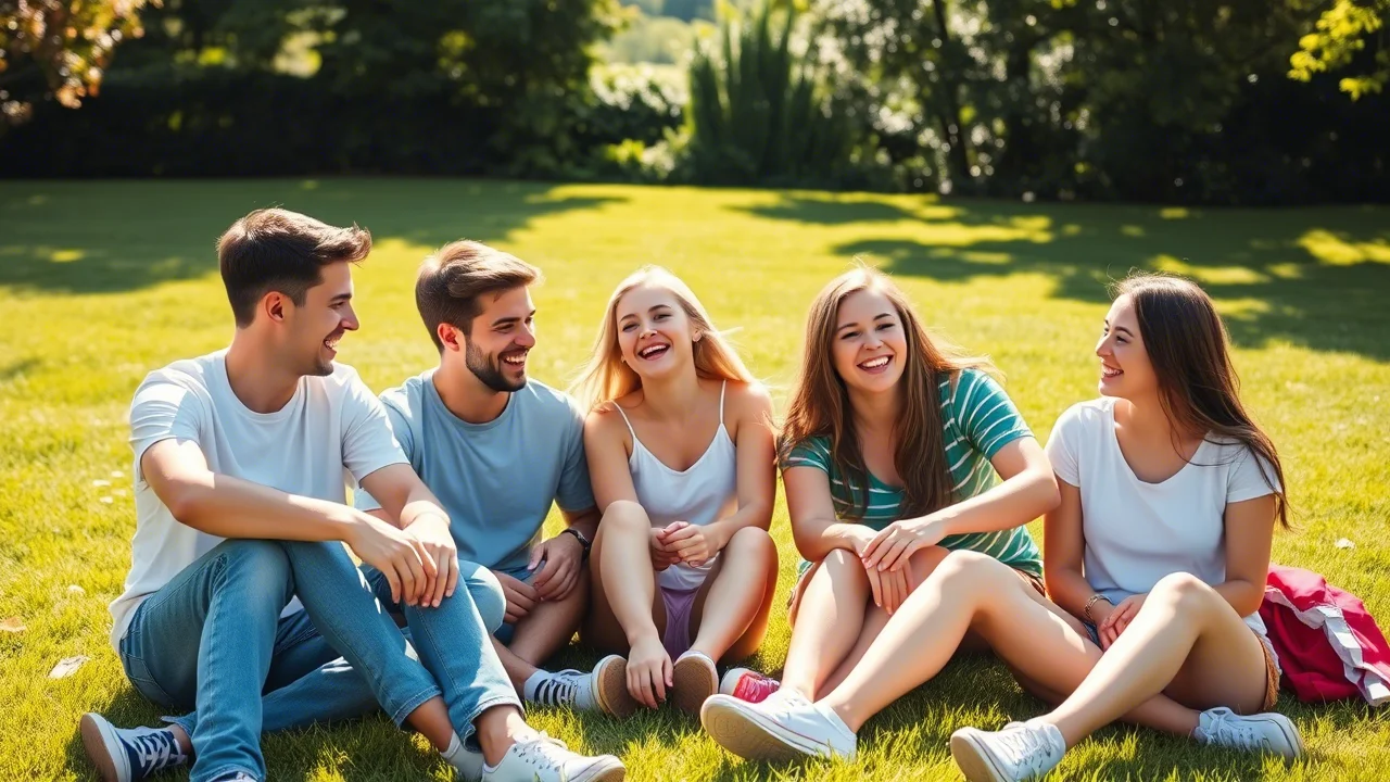 Foto di gruppo di adolescenti, maschi e femmine, che ridono e parlano seduti su un prato verde in una giornata di sole. Obiettivo 50mm, luce naturale, stile vivace e spontaneo.