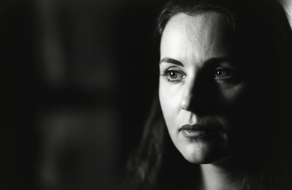 Primo piano del volto di una donna con espressione pensierosa, fotografia in bianco e nero, pellicola noir, leggera profondità di campo, obiettivo 35mm.