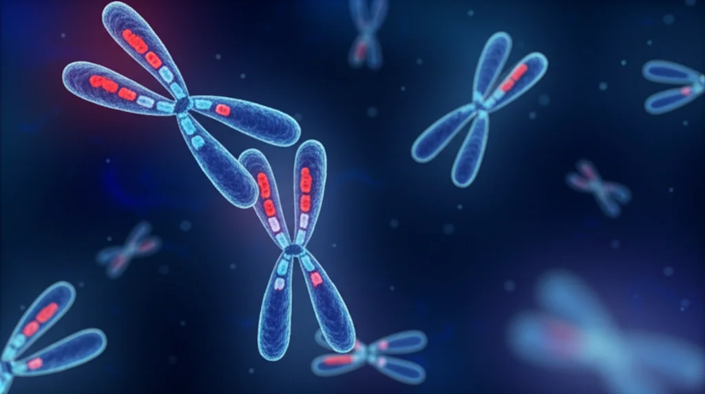 Visualizzazione grafica astratta di cromosomi vegetali stilizzati su uno sfondo digitale blu scuro, con segmenti evidenziati in rosso a indicare duplicazioni geniche, effetto profondità di campo, stile bioinformatica.
