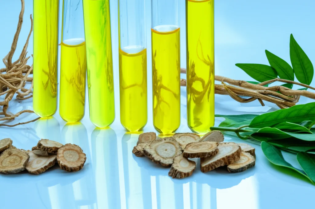 Fotografia still life in un laboratorio scientifico, con provette contenenti estratti liquidi gialli (flavonoidi) e trasparenti (alcaloidi) accanto a radici essiccate e foglie fresche di Sophora tonkinensis, obiettivo macro 85mm, illuminazione precisa laterale, alta definizione, sfondo pulito.