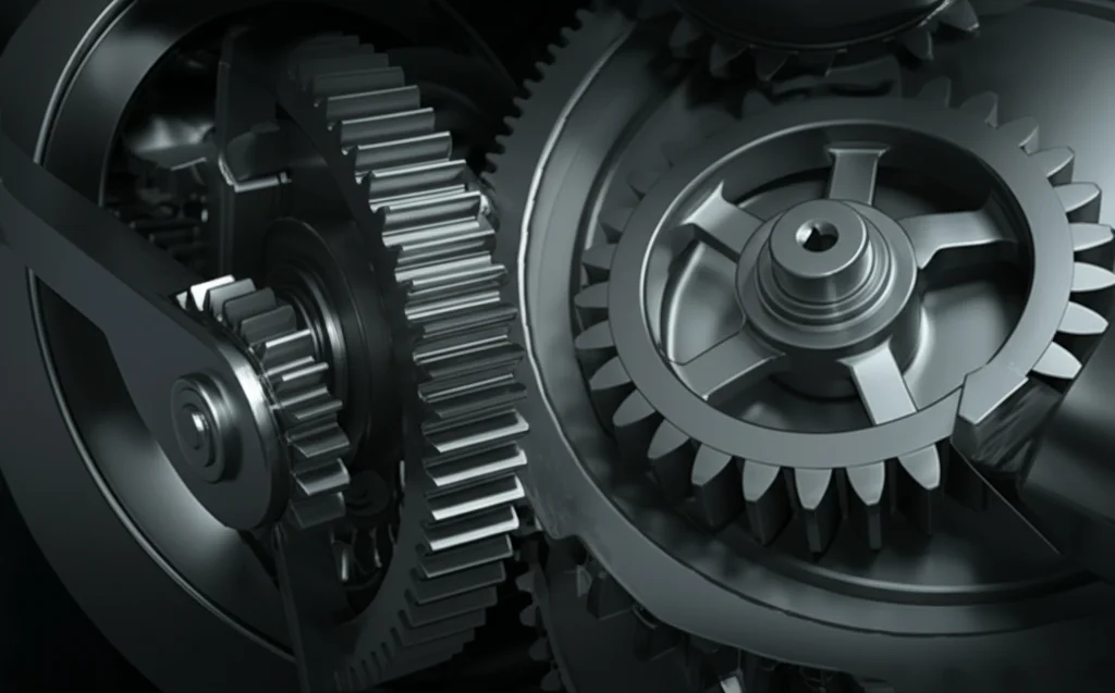 Rendering 3D fotorealistico di un complesso treno di ingranaggi meccanici in funzione, con dettagli precisi sui denti degli ingranaggi. Macro lens, 100mm, high detail, precise focusing, controlled lighting industriale.