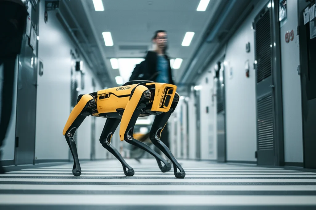 Fotografia realistica catturata da un angolo leggermente basso di un robot Boston Dynamics Spot che si ferma con grazia poco prima di un incrocio di corridoi, permettendo a una persona sfocata sullo sfondo di passare per prima. Obiettivo prime 50mm f/1.8, luce naturale soffusa proveniente da lucernari, interazione uomo-robot catturata in un momento spontaneo, profondità di campo ridotta per enfatizzare il robot.