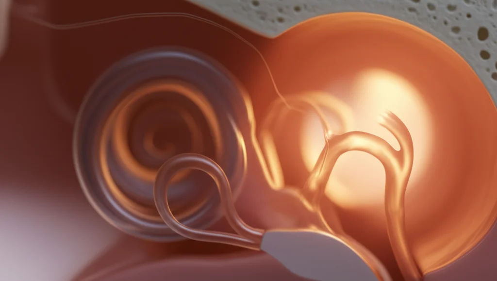 Macro fotografia dell'interno dell'orecchio umano, mostrando la coclea e i canali semicircolari illuminati da una luce morbida e controllata, alta definizione, obiettivo macro 100mm, focus preciso sulle delicate strutture interne per evidenziare la connessione tra udito ed equilibrio.