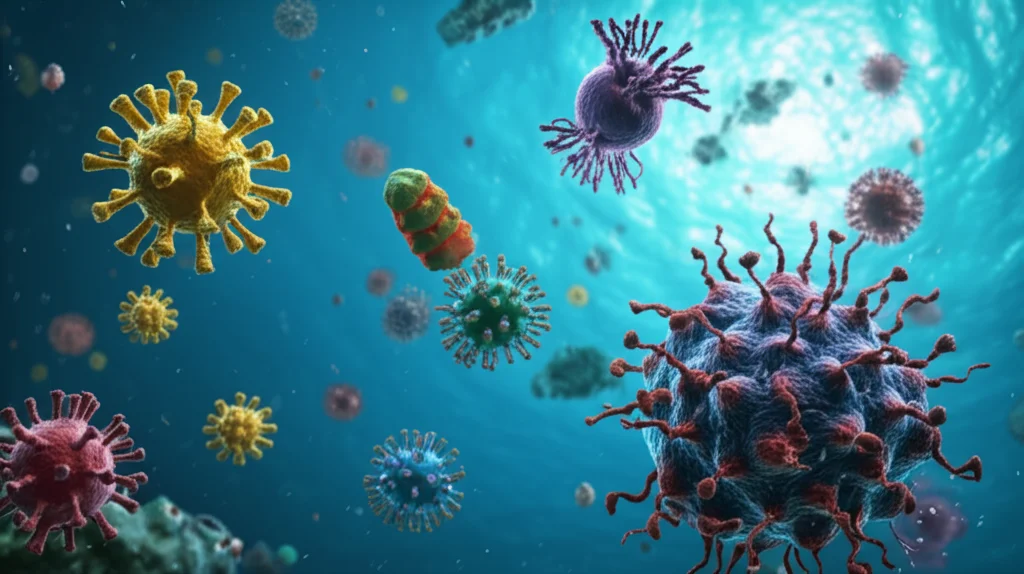 Visualizzazione 3D di diversi tipi di virus giganti che fluttuano in un ambiente oceanico stilizzato, con colori vivaci che ne evidenziano le diverse morfologie. Lente macro 60mm, alta definizione, illuminazione subacquea suggestiva.