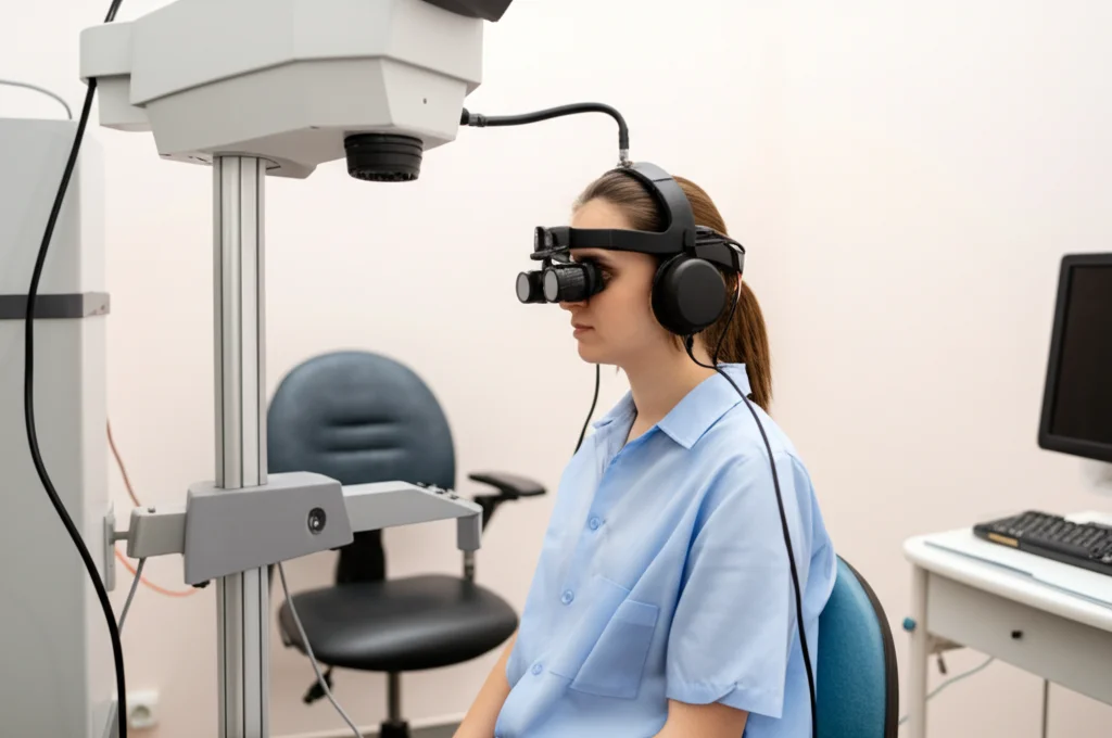 Fotografia di una persona seduta su una sedia rotatoria per test vestibolari in un ambiente clinico moderno. La persona indossa occhiali speciali (VNG). Obiettivo teleobiettivo zoom 100-400mm per isolare il soggetto, fast shutter speed per catturare il momento del test, illuminazione clinica brillante.