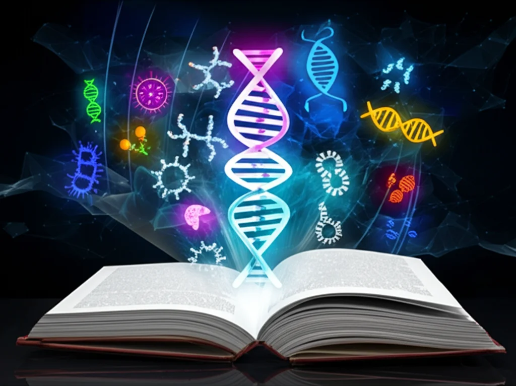 Illustrazione concettuale di un genoma virale gigante aperto come un libro, da cui emergono icone luminose rappresentanti nuove funzioni metaboliche e geni sconosciuti. Sfondo scuro con elementi grafici astratti.