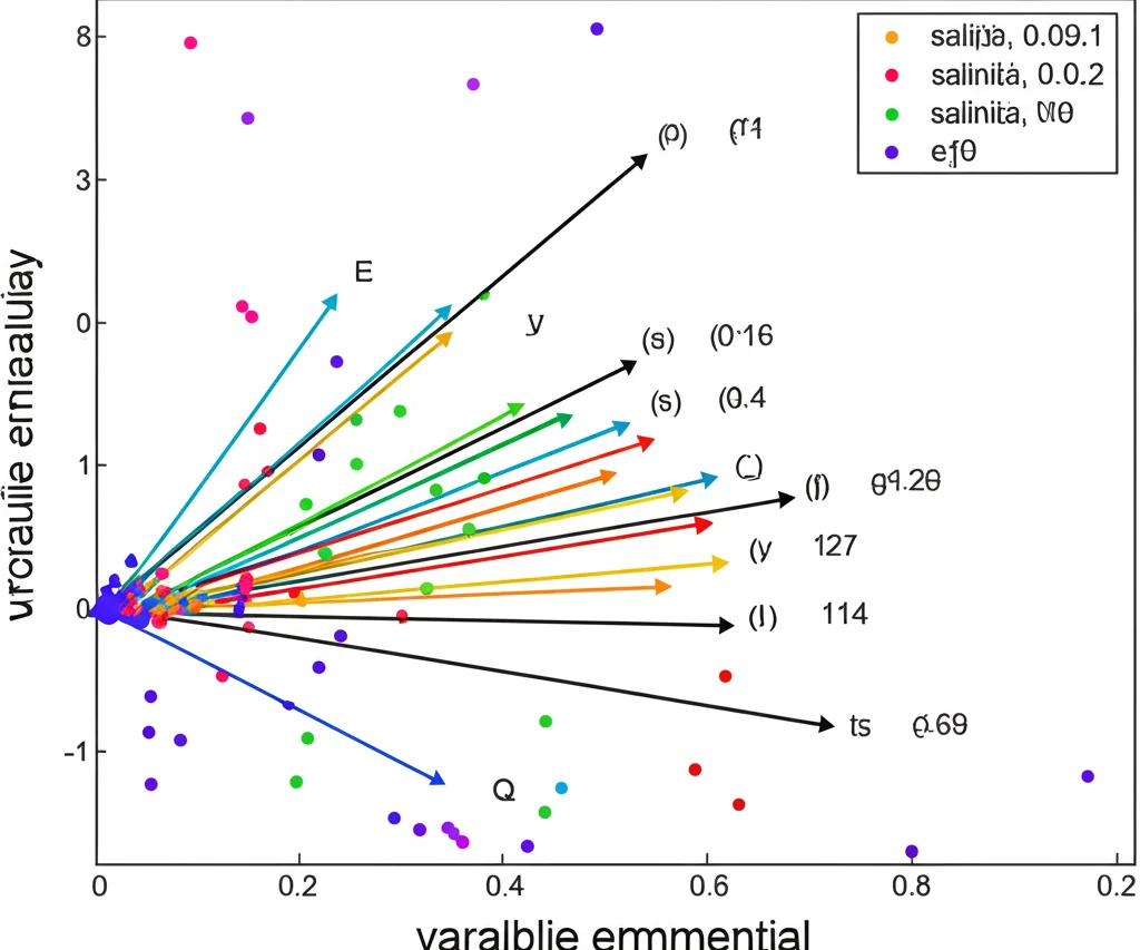 Grafico scientifico astratto che mostra correlazioni tra abbondanza di virus giganti (punti colorati) e variabili ambientali (frecce vettoriali come salinità, profondità) in un'analisi CCA. Stile pulito e moderno.